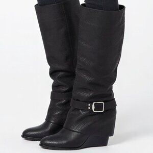 Vince Camuto Size 10 Black Knee-High Boots Wedge Shark Skin Embossed Suede